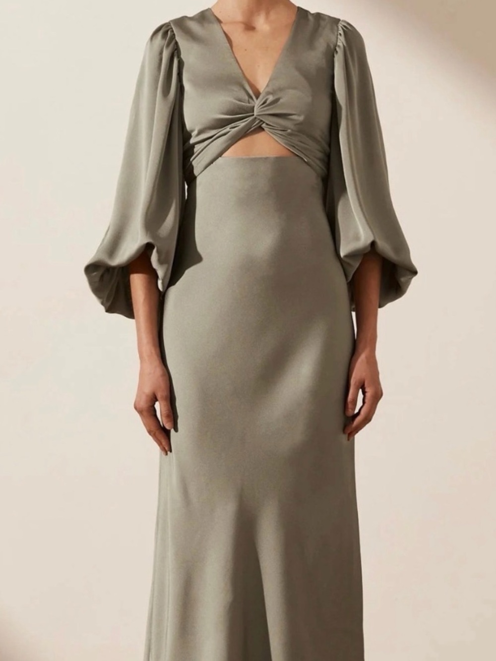 Shona Joy Luxe Twist Front Balloon Sleeve Cutout Midi Dress - Eucalyptus